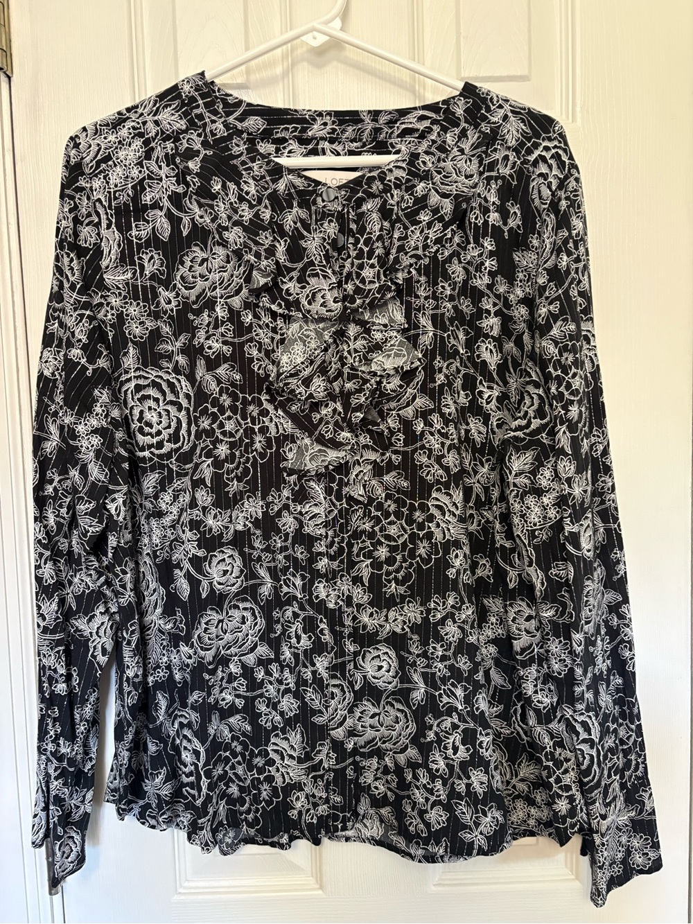 Loft Black & Silver Floral Ruffle-Front Women's Top